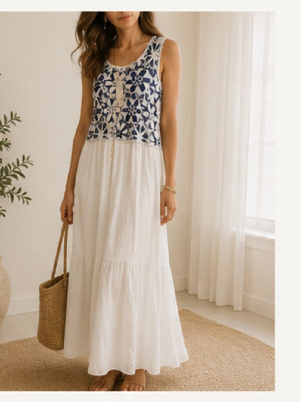 NWT Crochet Lace Maxi Dress White Blue Boho Resort Cottagecore Kings Road XL